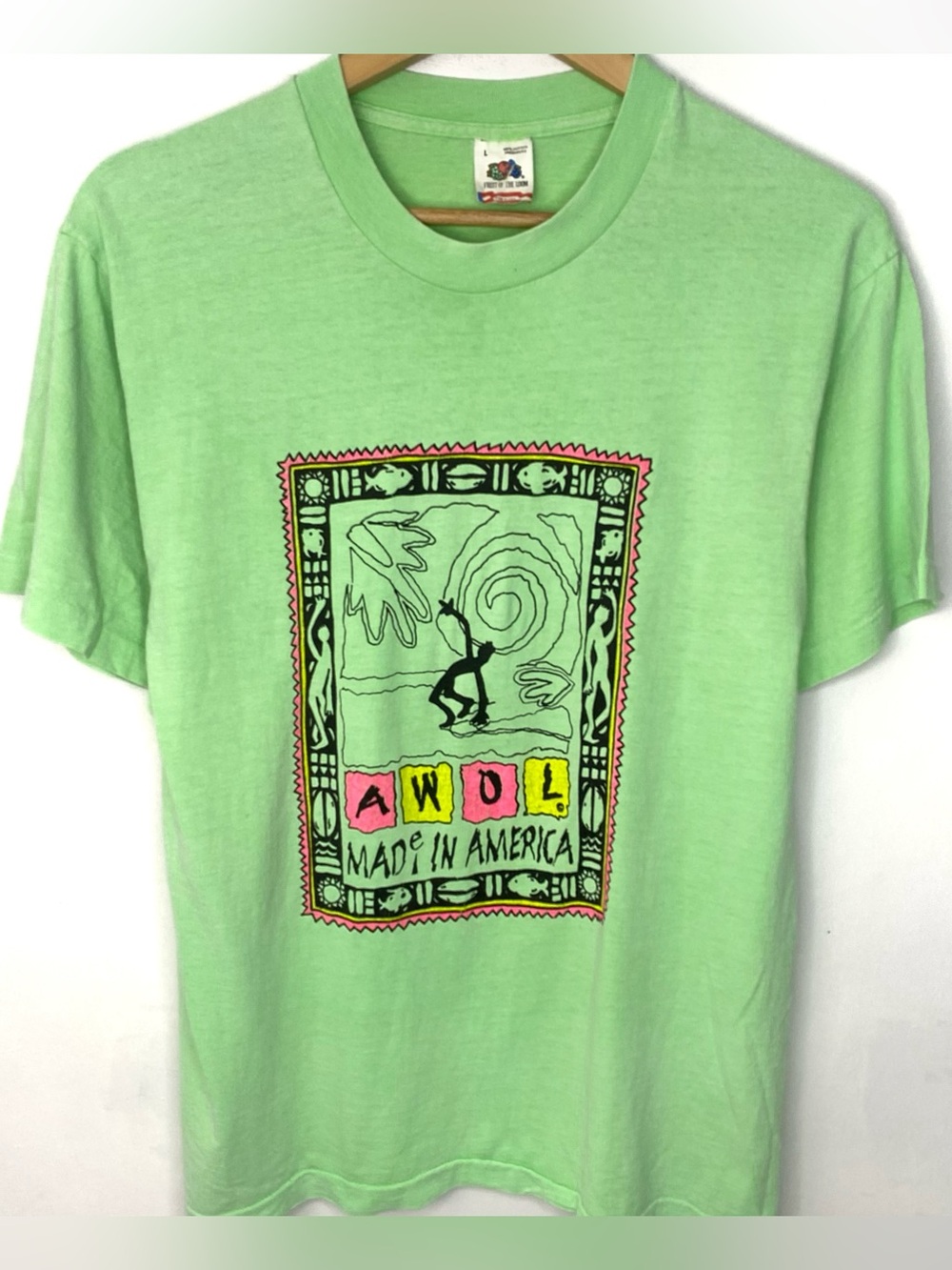 Vintage 90s AWOL Made In America Lime Green  Single Stitch Surf T Shirt USA L